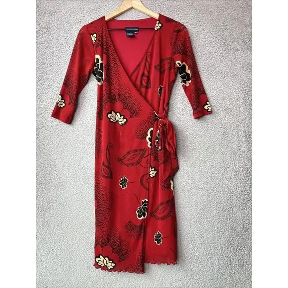 Tristan & Iseut Wrap Dress Small Knee Japanese Floral Red Ruffle Retro 70s Y2K - Picture 1 of 16